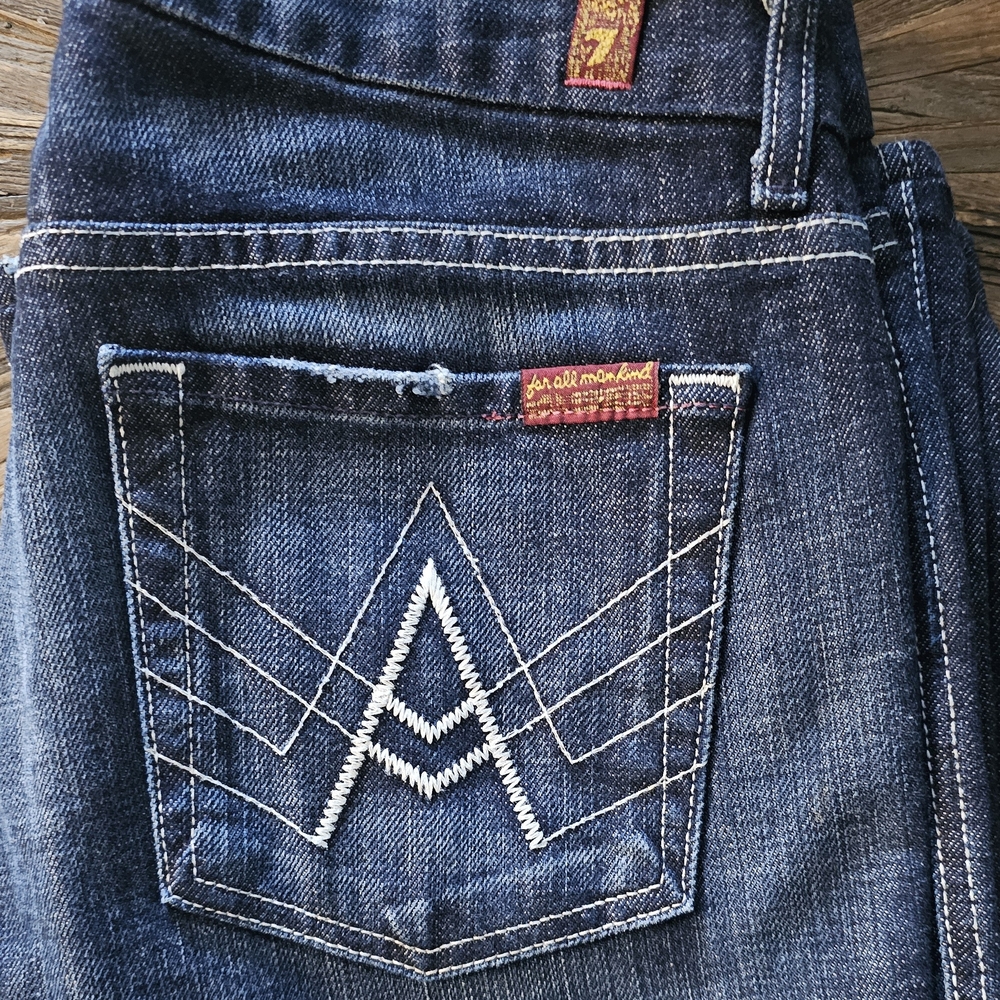 7 For All Mankind Women's Dark Blue Boot Cut Jeans with White Stitching